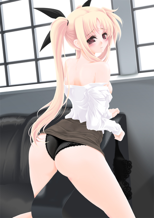 frapowa, fate testarossa, lyrical nanoha, mahou shoujo lyrical nanoha, mahou shoujo lyrical nanoha strikers, 00s, ass, black panties, blonde hair, blush, bra, hair ribbon, lace trim, lingerie, long hair, looking back, panties, ribbon, solo, twintails, underwear, undressing