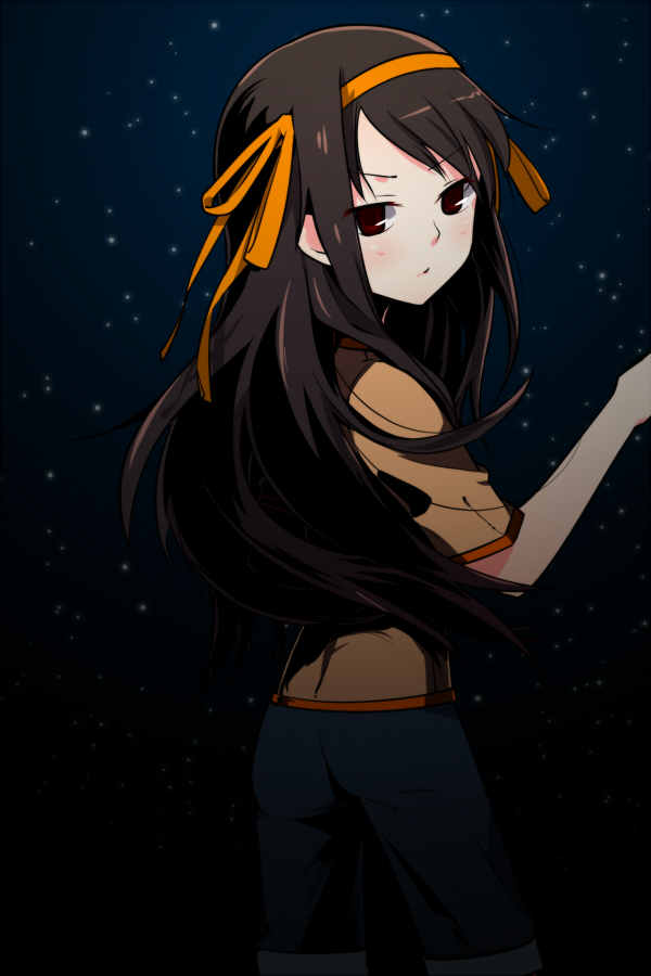 jin (crocus), suzumiya haruhi, suzumiya haruhi (young), suzumiya haruhi no yuuutsu, 00s, 1girl, aged down, blush, brown hair, casual, dark, female focus, hair ribbon, hairband, long hair, night, orange shirt, ribbon, shirt, solo