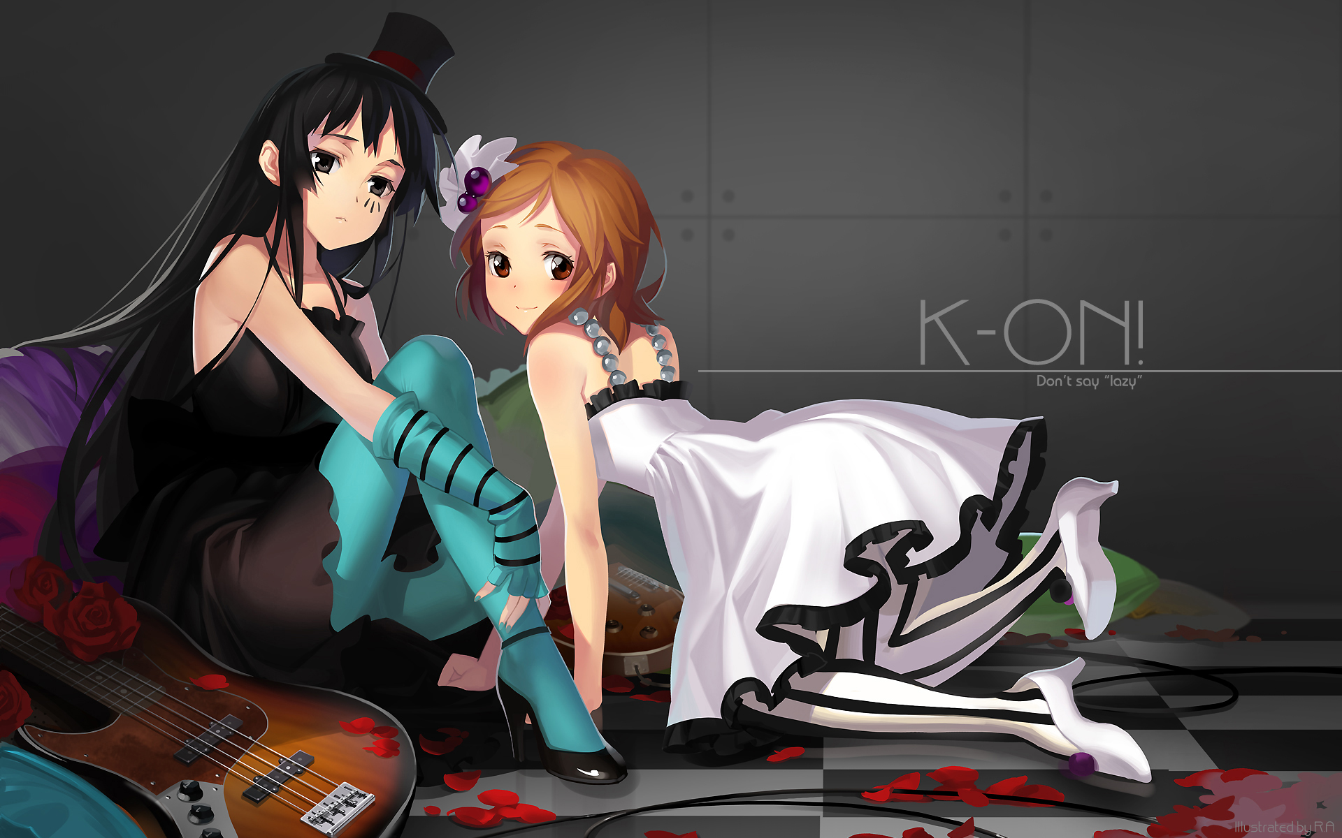 alphonse (white datura), akiyama mio, hirasawa yui, don't say "lazy", k-on!, blue legwear, striped legwear, vertical-striped legwear, highres, 00s, 2girls, aqua pantyhose, bass guitar, black & white, black hair, brown hair, checkered floor, copyright name, fingerless gloves, floor, gloves, instrument, multiple girls, pantyhose, patterned legwear, striped clothes, striped pantyhose, vertical-striped clothes, vertical-striped pantyhose