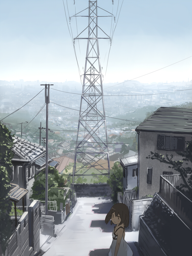jitsu hidari, original, 1girl, bare shoulders, brown hair, day, dress, female focus, grey theme, perspective, power lines, road, scenery, short hair, sky, smile, solo, street, tree