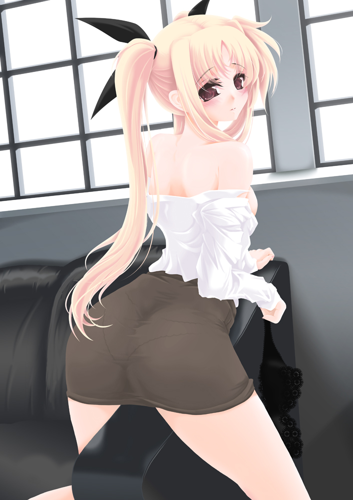 frapowa, fate testarossa, lyrical nanoha, mahou shoujo lyrical nanoha, mahou shoujo lyrical nanoha strikers, 00s, 1girl, ass, back, bare shoulders, black bra, blonde hair, blush, bra, brown eyes, couch, female focus, hair ribbon, lingerie, long hair, looking back, panties, pantylines, ribbon, solo, straddling, twintails, underwear, undressing