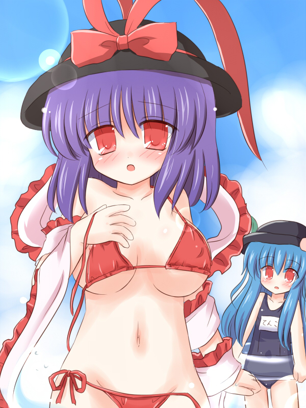ry (yagoyago), hinanawi tenshi, nagae iku, touhou, 2girls, bikini, blue hair, breasts, female focus, gradient background, hat, innertube, large breasts, multiple girls, one-piece swimsuit, outdoors, purple hair, red eyes, school swimsuit, side-tie bikini bottom, sky, swim ring, swimsuit