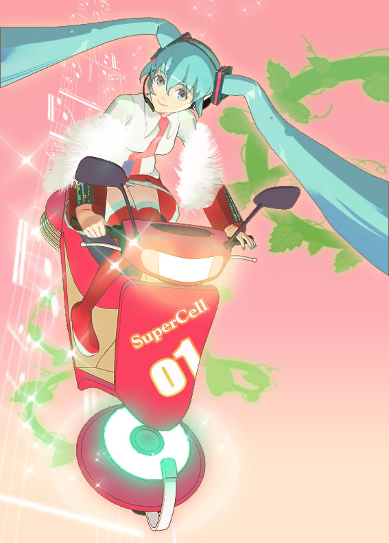 119, 1ten, hatsune miku, vocaloid, vehicle, 1girl, aqua eyes, aqua hair, female focus, headphones, motor vehicle, necktie, scooter, skirt, solo, thighhighs, twintails, zettai ryouiki