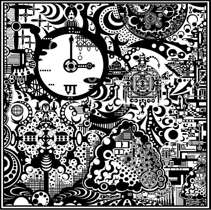 yyy, tagme, abstract, absurdly detailed composition, clock, greyscale, monochrome, psychedelic