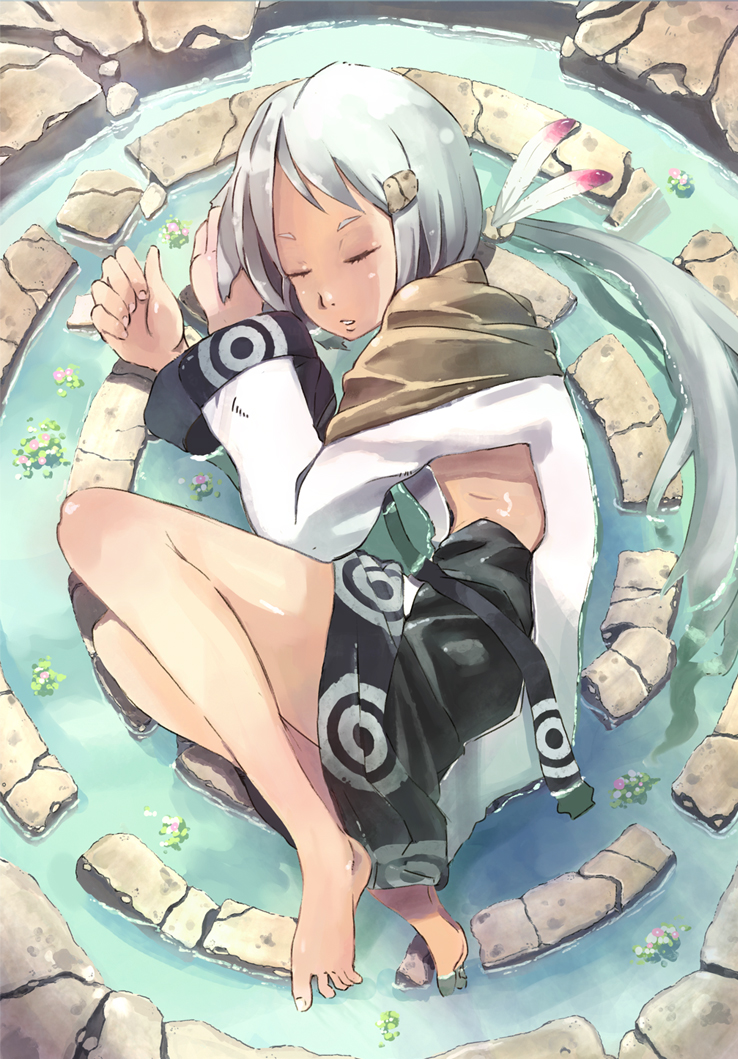 inaba taiju, silver hair, bad id, bad pixiv id, barefoot, feathers, feet, ponytail, sleeping, solo, water
