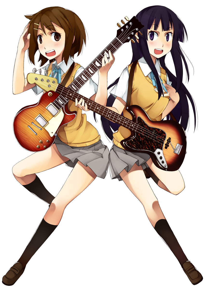 itami kiyoshi ichi, itami sumihito, akiyama mio, hirasawa yui, k-on!, bad id, bad pixiv id, highres, 00s, 2girls, bass guitar, black eyes, black hair, blunt bangs, brown eyes, brown hair, guitar, hime cut, instrument, long hair, multiple girls, school uniform, short hair