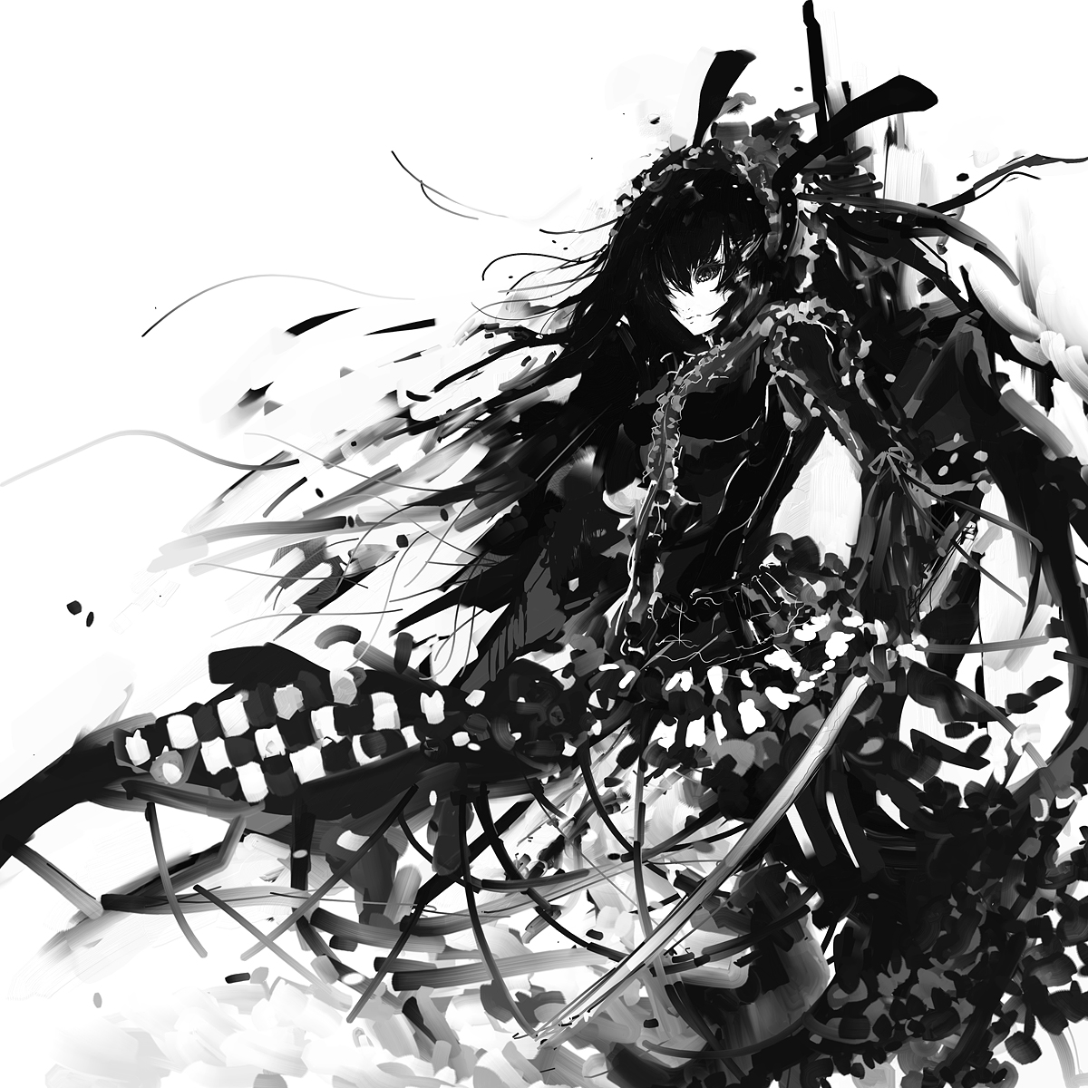 iori yakatabako, highres, 1girl, dress, female focus, gothic lolita, greyscale, hair over one eye, hairband, lolita fashion, monochrome, solo, sword, weapon, wings