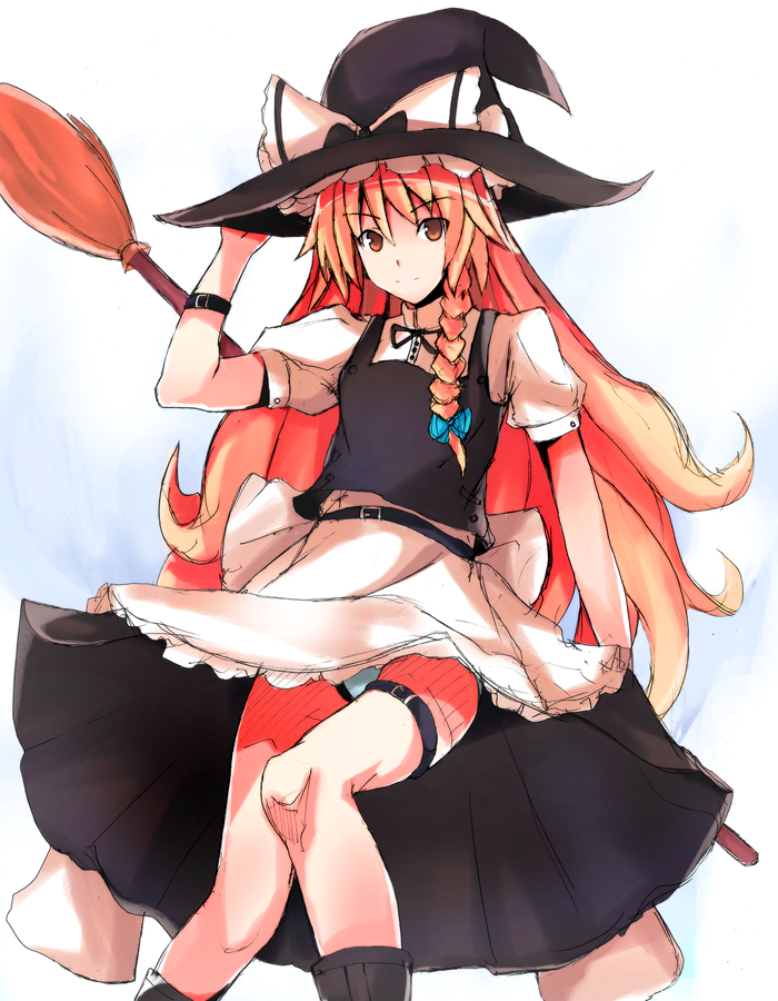 usugiri bacon, kirisame marisa, touhou, bad id, bad pixiv id, 1girl, apron, blonde hair, braid, broom, female focus, hand on headwear, hat, long hair, looking at viewer, orange eyes, panties, pantyshot, ribbon, sketch, smile, solo, thigh strap, underwear, upskirt, waist apron, witch, witch hat, yellow eyes