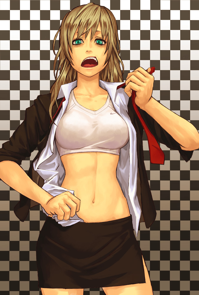 yuuji (and), mustard seeds, nike (company), original, bad id, bad pixiv id, 1girl, abs, aqua eyes, blazer, blonde hair, checkered background, dress shirt, dressing, female focus, formal clothes, green eyes, jacket, midriff, miniskirt, navel, necktie, open clothes, open shirt, pencil skirt, shirt, short hair, skirt, skirt suit, sleeves pushed up, solo, sports bra, suit, undressing