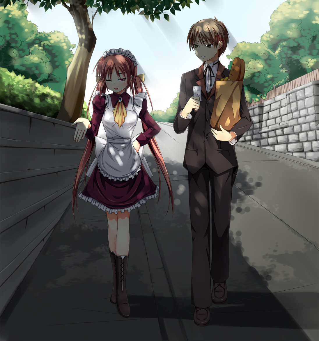 nekoro, boots, bow, brown hair, butler, groceries, hand on own hip, hip focus, long hair, maid, pink hair, red eyes, tree, twintails, very long hair, wink, yellow eyes