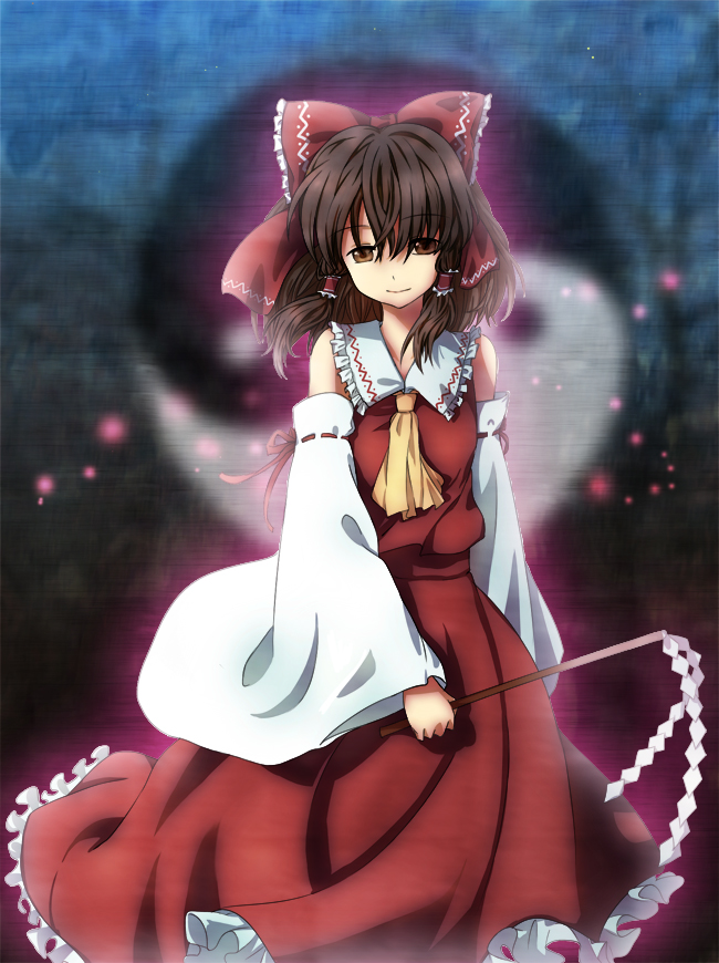 tachiuo (arines), hakurei reimu, touhou, 1girl, black hair, bow, brown eyes, detached sleeves, female focus, gohei, hair bow, japanese clothes, miko, solo