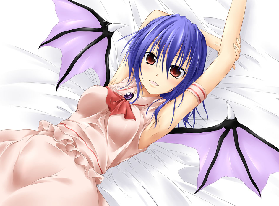 kirisaki byakko, remilia scarlet, touhou, 1girl, aged up, alternate breast size (larger), armpits, bat wings, blue hair, breasts, female focus, red eyes, solo, vampire, wings