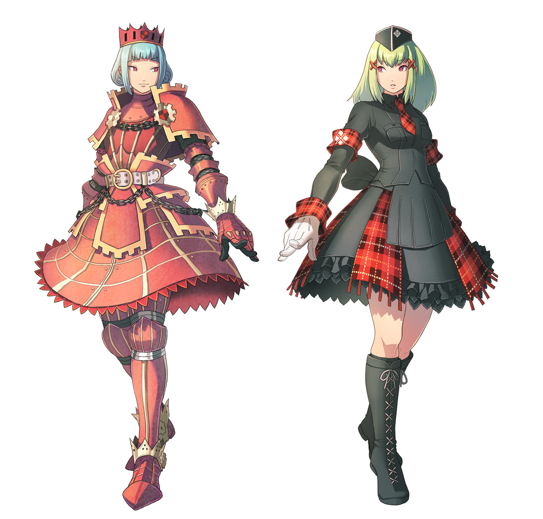 juuden, teostra (armor), capcom, monster hunter (series), black legwear, plaid, red legwear, striped, bad id, bad pixiv id, 2girls, armband, armor, armored dress, belt, blue hair, blunt bangs, boots, capelet, chain, crown, dress, frills, garrison cap, gloves, gothic lolita, green hair, hair ornament, hairclip, hat, healer u (armor), knee boots, lolita fashion, multiple girls, necktie, pink eyes, red crown, red eyes, short hair, simple background, skirt, smile, standing, studded belt, thigh boots, thighhighs, turtleneck