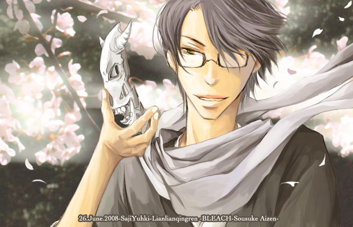 saji yuhki, aizen sousuke, bleach, 00s, glasses, male focus, mask, sword, weapon