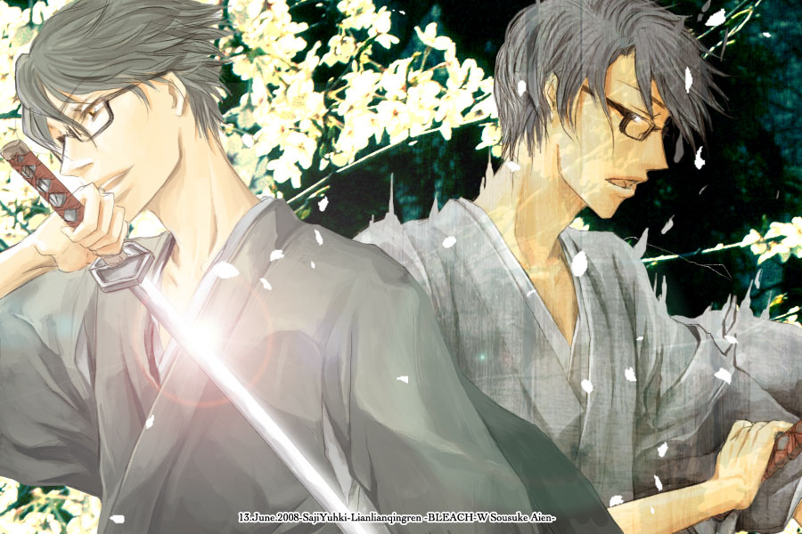 aizen sousuke, bleach, 00s, flower, glasses, male focus, mask, sword, weapon