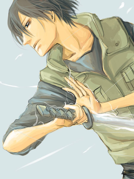 saji yuhki, gekkou hayate, naruto (classic), naruto (series), 1boy, black hair, black shirt, collarbone, flak jacket, holding, holding weapon, jacket, katana, lightning, long sleeves, male focus, shirt, solo, sword, weapon
