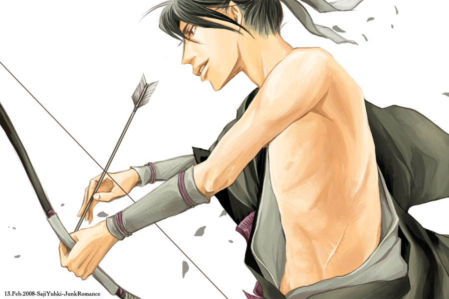 saji yuhki, tagme, arrow (projectile), black hair, bow (weapon), junk romance, male focus, weapon