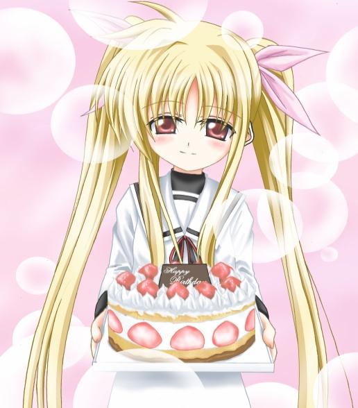 raika haruna, fate testarossa, lyrical nanoha, mahou shoujo lyrical nanoha, 00s, blonde hair, blush, cake, food, hair ribbon, long hair, pastry, red eyes, ribbon, school uniform, smile, solo, twintails, very long hair