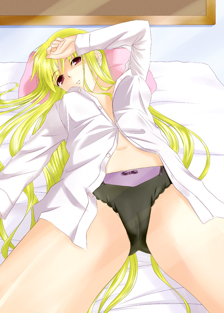 sakura haru, fate testarossa, lyrical nanoha, mahou shoujo lyrical nanoha, mahou shoujo lyrical nanoha strikers, 00s, 1girl, black panties, blonde hair, breasts, cameltoe, cleavage, dress shirt, female focus, large breasts, long hair, lying, panties, red eyes, shirt, solo, spread legs, underwear, very long hair