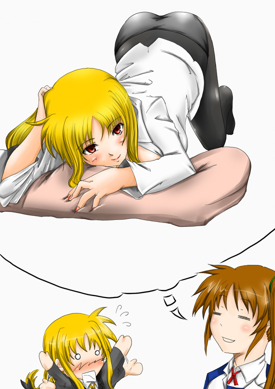 aona (anagasaki), fate testarossa, takamachi nanoha, lyrical nanoha, mahou shoujo lyrical nanoha, mahou shoujo lyrical nanoha strikers, black legwear, bad id, bad pixiv id, 00s, 2girls, = =, ass, bent over, blonde hair, blush, closed eyes, dress shirt, imagining, long hair, low-tied long hair, military, military uniform, multiple girls, o o, panties, panties under pantyhose, pantyhose, red eyes, red hair, ribbon, shirt, side ponytail, top-down bottom-up, underwear, yuri