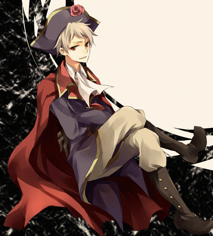 karu, yuzuki karu, prussia (hetalia), axis powers hetalia, silver hair, uniform, bad id, bad pixiv id, 00s, 1boy, ascot, blonde hair, boots, cape, flower, hat, male focus, musketeer, pirate, pirate hat, red eyes, rose, solo, tricorne