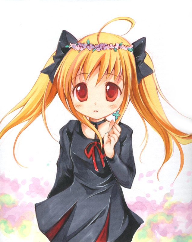 chibitan, fate testarossa, lyrical nanoha, mahou shoujo lyrical nanoha, bad id, bad pixiv id, 00s, 1girl, ahoge, blonde hair, blush, choker, clover, dress, female focus, flower, four-leaf clover, hair ribbon, long hair, red eyes, ribbon, solo, twintails