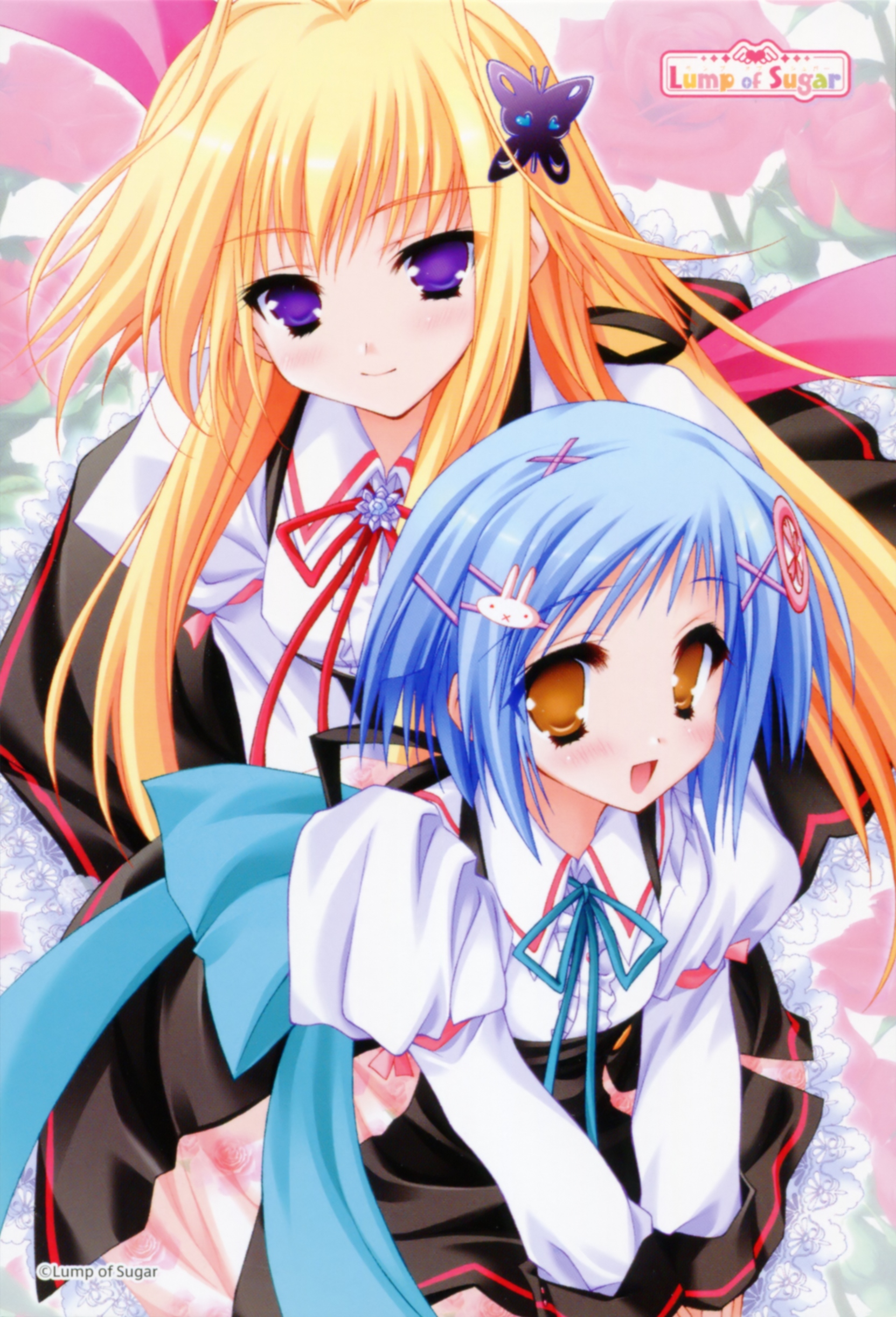 moekibara fumitake, kisaragi mifuyu, takanashi yumina, tayutama, absurdres, highres, 00s, 2girls, blonde hair, blue hair, blush, multiple girls, purple eyes, school uniform, yellow eyes