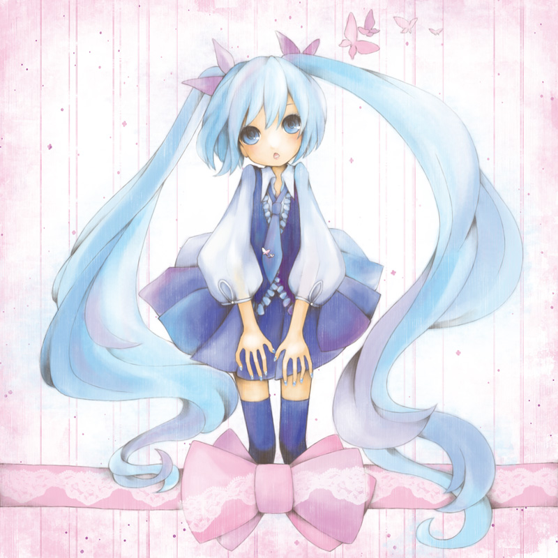 parikari, hatsune miku, vocaloid, blue eyes, blue hair, bug, butterfly, child, hair ribbon, insect, long hair, necktie, ribbon, skirt, solo, thighhighs, twintails, zettai ryouiki