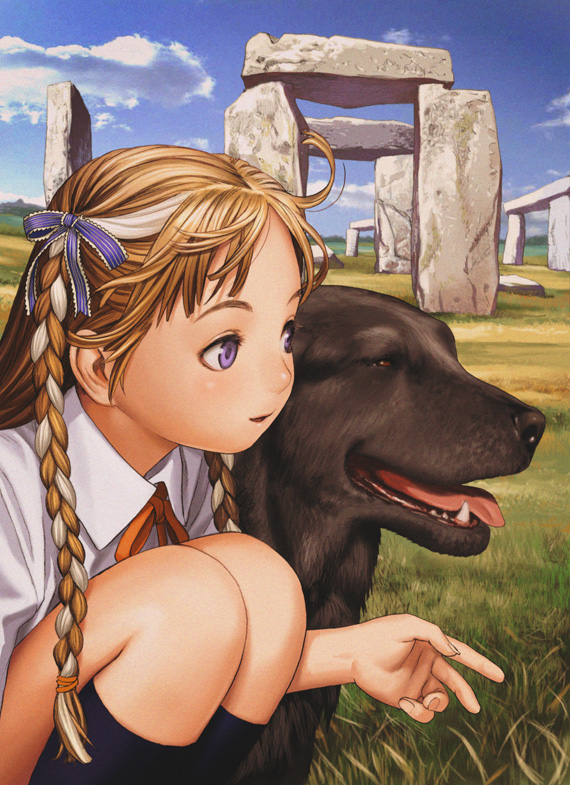 murata range, original, 1girl, ahoge, blonde hair, blouse, braid, child, collared shirt, dog, female focus, hair ribbon, kneehighs, long hair, multicolored hair, profile, purple eyes, ribbon, shirt, socks, solo, squatting, stonehenge, streaked hair, twin braids, twintails, two-tone hair, white hair, white shirt