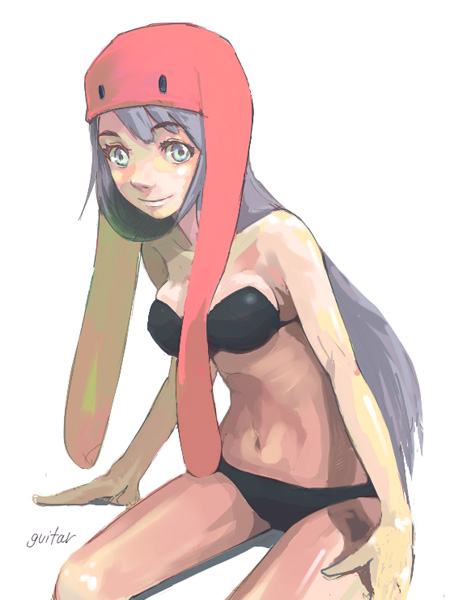 guitar (guitars), original, 1girl, bikini, breasts, female focus, hat, simple background, solo, swimsuit, white background