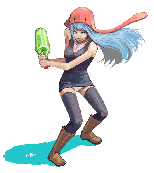 guitar (guitars), original, 1girl, bottle, female focus, full body, hat, simple background, solo, standing, white background