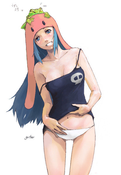 guitar (guitars), 1girl, blue hair, female focus, frog, hat, panties, simple background, skull, solo, underwear, white background
