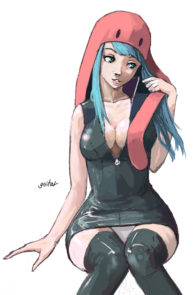 guitar (guitars), original, 1girl, blue hair, breasts, dress, female focus, hat, panties, simple background, solo, underwear, white background