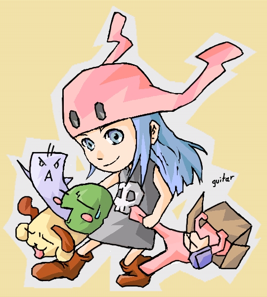 aya (artist), guitar (guitars), original, 1girl, blue hair, female focus, solo, standing