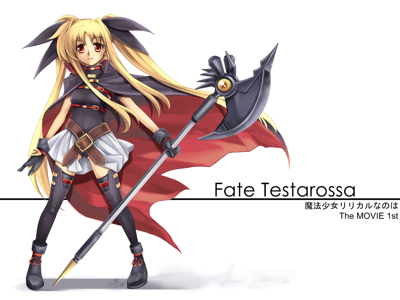 windart, bardiche (axe form) (nanoha), bardiche (nanoha), fate testarossa, fate testarossa (movie 1st form), lyrical nanoha, mahou shoujo lyrical nanoha, mahou shoujo lyrical nanoha the movie 1st, 10s, 1girl, ankle boots, arm strap, belt, belt bra, belt skirt, black gloves, black thighhighs, blonde hair, boots, breasts, buckle, cameltoe, character name, copyright name, female focus, floating hair, full body, gloves, hair ribbon, halberd, high collar, holding, holding weapon, legs apart, leotard, long hair, looking at viewer, magical girl, miniskirt, panties, pantyshot, parted bangs, pleated skirt, polearm, ribbon, serious, shadow, showgirl skirt, sidelocks, signature, simple background, skirt, small breasts, solo, standing, thighhighs, turtleneck, twintails, underwear, very long hair, weapon, white background