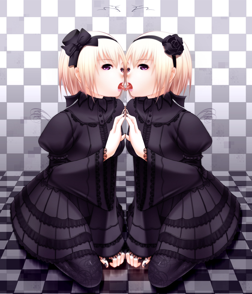 shokuyou mogura, ninon beart, kof: maximum impact, snk, the king of fighters, bad id, bad pixiv id, 2girls, black dress, black nails, blonde hair, checkered background, checkered floor, dress, dual persona, floor, french kiss, goth fashion, hairband, incest, kiss, kneeling, looking at viewer, multiple girls, nail polish, perspective, saliva, selfcest, short hair, siblings, sisters, symmetry, tongue, twins, yuri