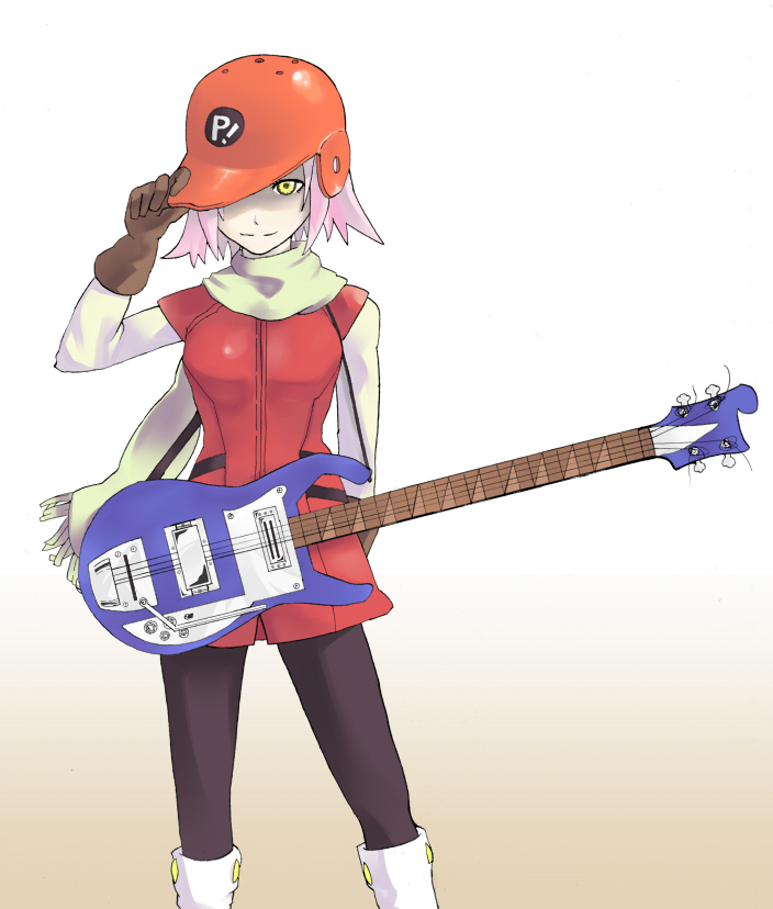 haruhara haruko, flcl, 00s, 1girl, bass guitar, boots, female focus, gloves, goggles, guitar, helmet, instrument, looking at viewer, pink hair, scarf, short hair, smile, solo, yellow eyes