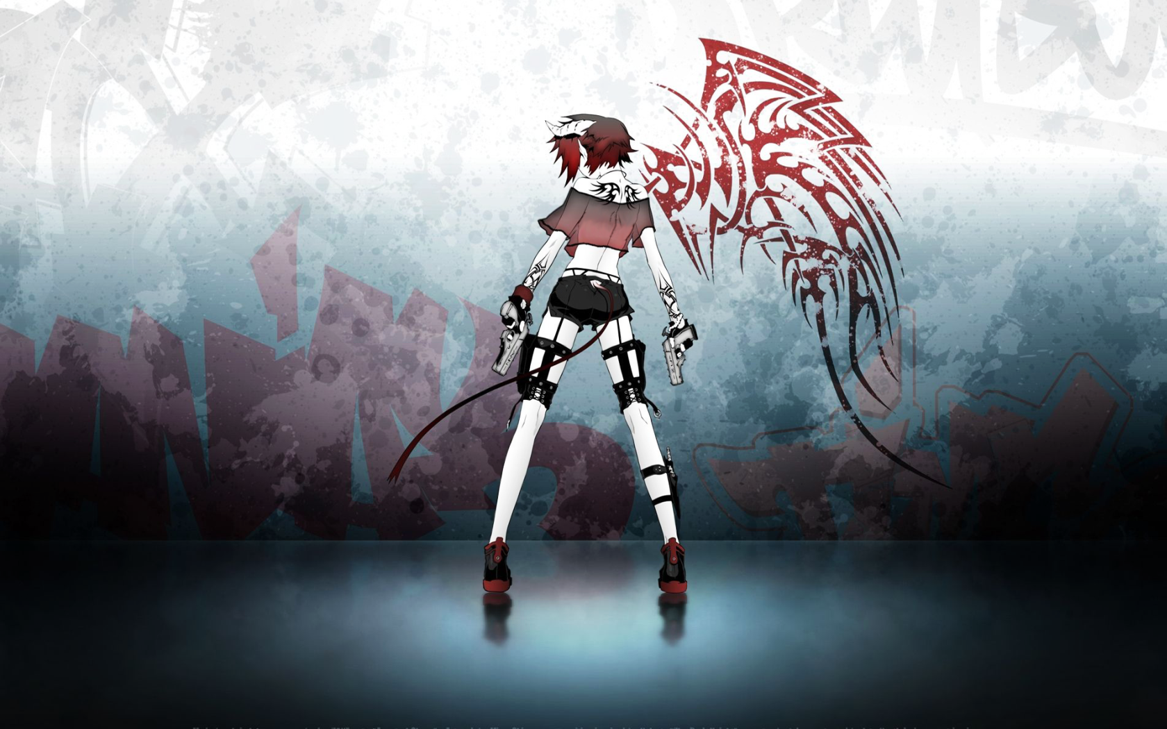 highres, 1girl, female focus, graffiti, gun, holster, horns, solo, tail, tattoo, transparent, weapon