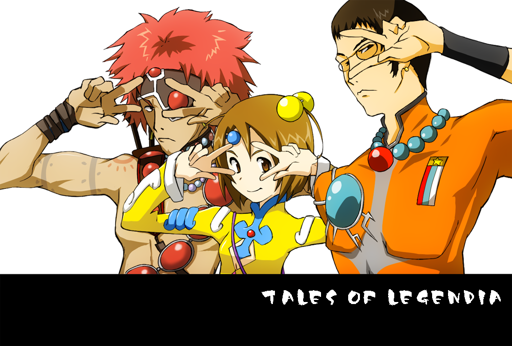 kiiro, moses sandor, norma beatty, will raynard, samurai champloo, tales of (series), tales of legendia, bad id, bad pixiv id, 1girl, 2boys, beatty norma, black hair, brown eyes, brown hair, copyright name, eyepatch, glasses, hair bobbles, hair ornament, headband, jewelry, multiple boys, necklace, orange shirt, parody, raynard will, red hair, sandor moses, shirt, short hair, smile, sphere hair ornament, tattoo, v, white background