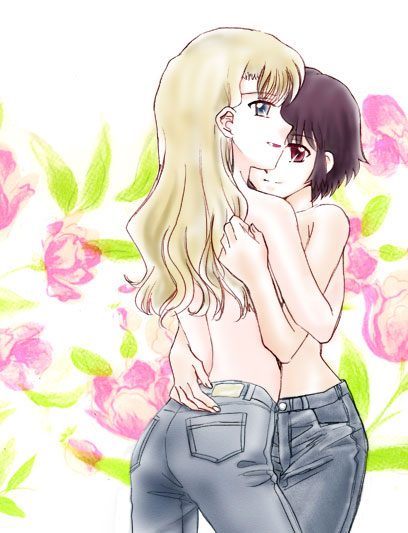 mireille bouquet, yuumura kirika, noir (anime), 00s, 2girls, blonde hair, blue eyes, breast press, breasts, brown hair, denim, hug, jeans, long hair, multiple girls, pants, red eyes, short hair, smile, symmetrical docking, topless female, yuri