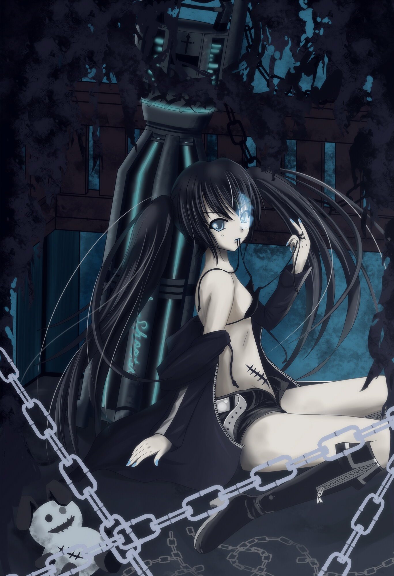 bad company, black rock shooter (character), black rock shooter, highres, 10s, 1girl, arm cannon, belt, bikini, bikini top only, black hair, blue eyes, boots, breasts, chain, cross, female focus, flat chest, glowing, glowing eyes, gun, navel, scar, shorts, sideboob, solo, stuffed animal, stuffed toy, swimsuit, twintails, weapon