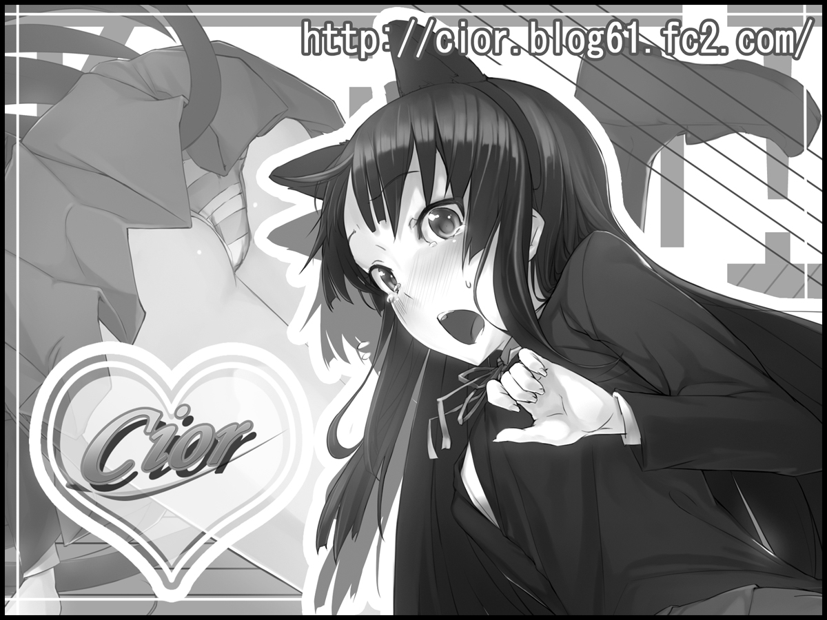 cior, akiyama mio, k-on!, 00s, 1girl, animal ears, blush, cat ears, cat girl, cat tail, female focus, fingernails, greyscale, long fingernails, long hair, looking back, monochrome, nail (hardware), open mouth, panties, school uniform, solo, striped clothes, striped panties, tail, tears, underwear, upskirt