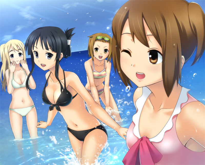 hashi, akiyama mio, hirasawa yui, kotobuki tsumugi, tainaka ritsu, k-on!, 00s, 4girls, bikini, goggles, ho-kago tea time, multiple girls, one eye closed, swimsuit, wink
