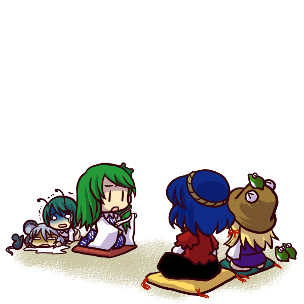 socha, kochiya sanae, moriya suwako, nazrin, wriggle nightbug, yasaka kanako, touhou, silver hair, > <, 5girls, animal ears, antennae, blonde hair, blue hair, bottomless, bow, chibi, closed eyes, female focus, frog, frog hair ornament, green hair, hair bow, hair ornament, kneeling, mouse (animal), mouse ears, multiple girls, o o, puddle, saliva, scolding, seiza, simple background, sitting, snake, snake hair ornament, tears, trembling, | |