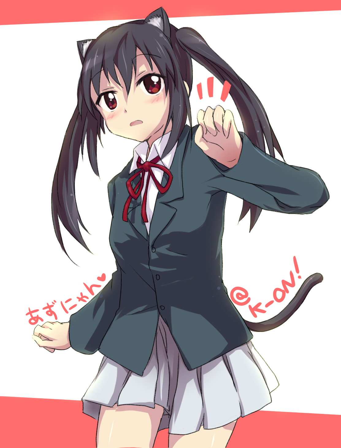 aku (akuing), aku (artist), nakano azusa, k-on!, highres, 00s, 1girl, animal ears, black hair, blush, brown eyes, cat ears, cat tail, female focus, long hair, neck ribbon, paw pose, red ribbon, ribbon, school uniform, skirt, solo, tail, twintails