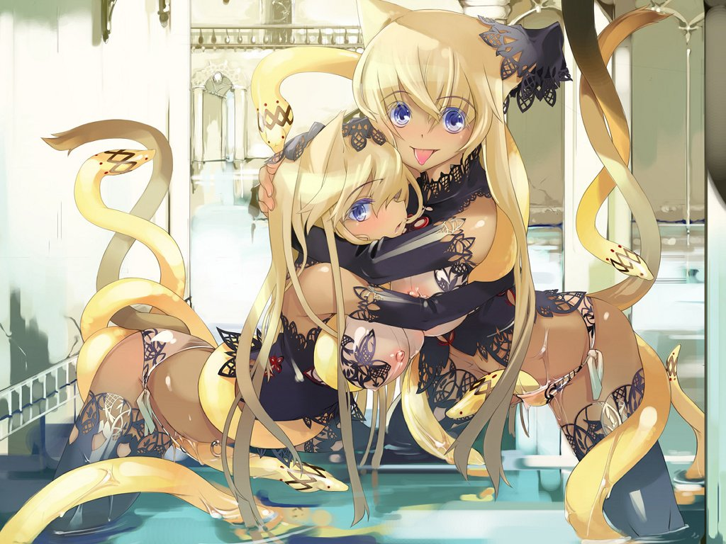 maruku, black legwear, 2girls, animal ears, bent over, blonde hair, blue eyes, blush, breasts, cat ears, cat tail, dark skin, eel, multiple girls, panties, pussy juice, side-tie panties, tail, thighhighs, underwear, water