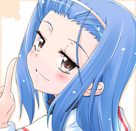 azuma ezu, hanabishi miki, hayate no gotoku!, 00s, 1girl, blue hair, blush, female focus, hairband, jitome, looking back, pointing, smirk, solo