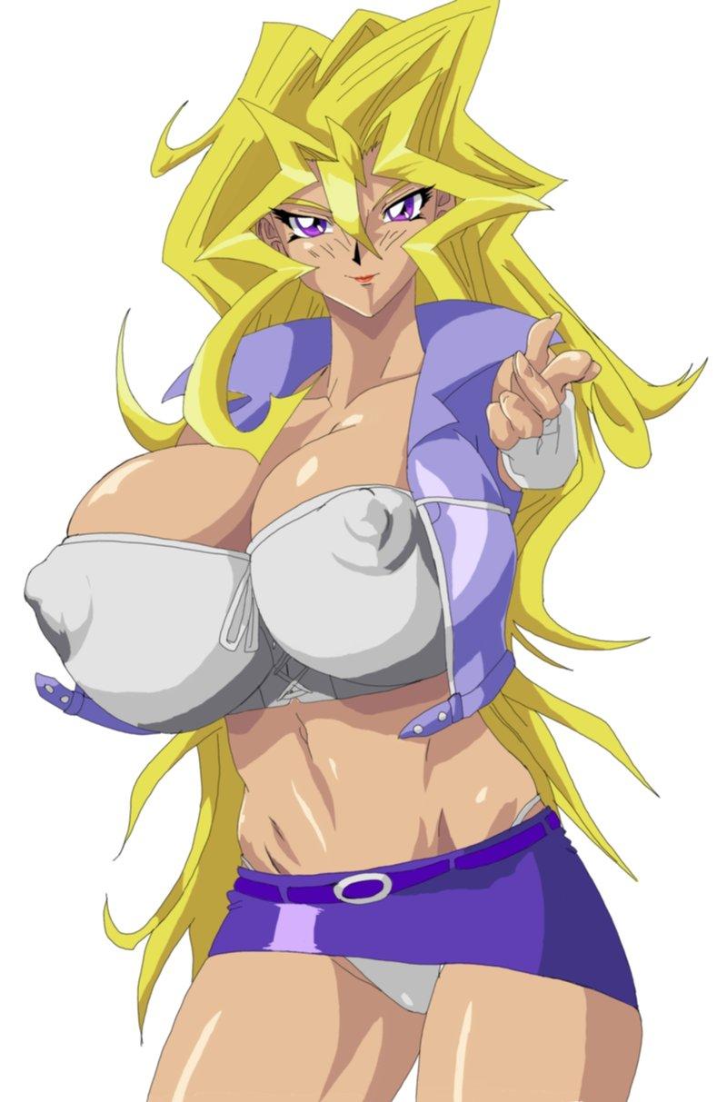 kujaku mai, yu-gi-oh!, yu-gi-oh! duel monsters, yuu-gi-ou, highres, beckoning, blonde hair, breasts, cleavage, come hither, covered erect nipples, huge breasts, long hair, navel, nipples, panties, puffy nipples, purple eyes, underwear
