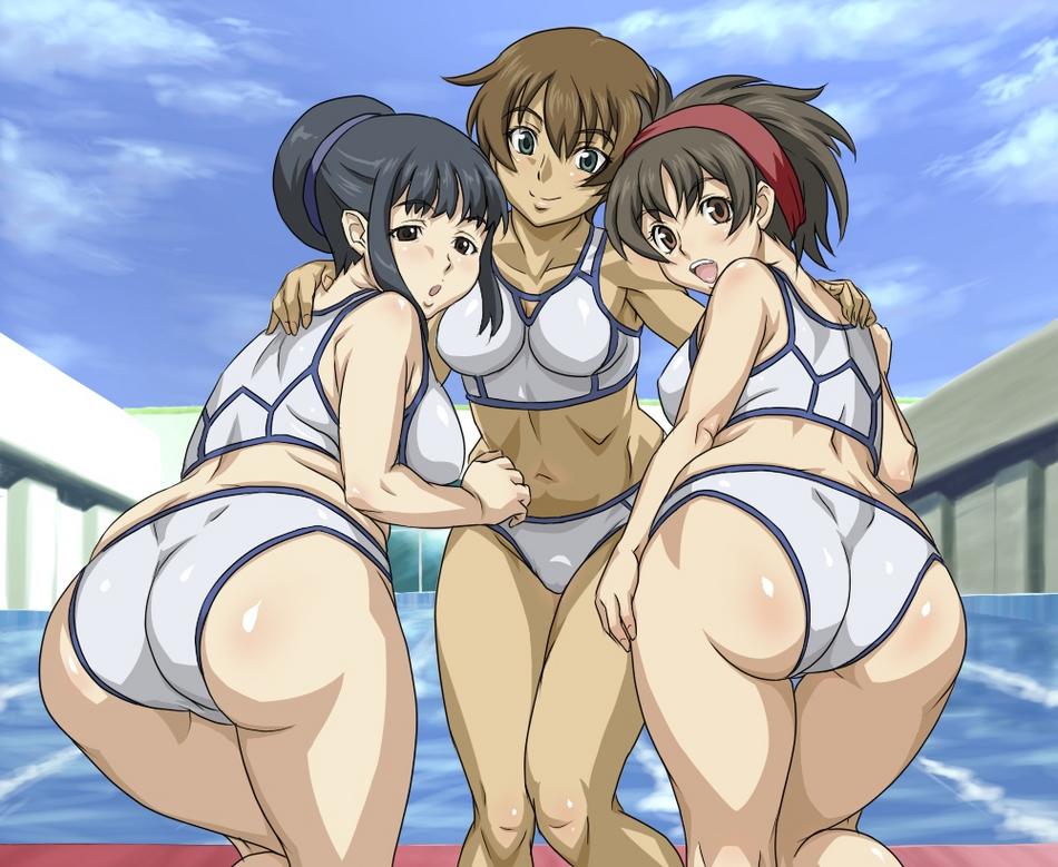 tagme, 3girls, ass, black eyes, black hair, blue eyes, breasts, brown eyes, brown hair, curvy, large breasts, long hair, looking at viewer, medium breasts, multiple girls, plump, short hair, smile, swimsuit