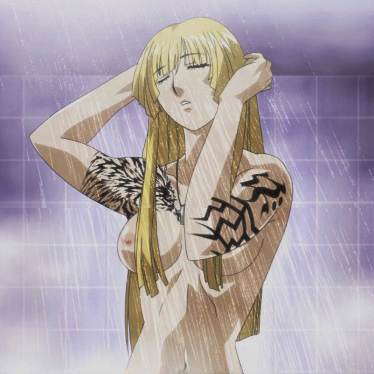 fujisawa tooru, suzuka kureha, tokko, anime screenshot, highres, 00s, 1girl, blonde hair, breasts, closed eyes, female focus, indoors, jewelry, long hair, nude, pendant, showering, solo, steam, tattoo, wet